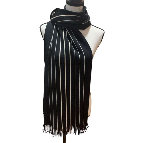 Vintage Men’s Scarf German-Made All Wool Fringed Black w/ White Stripes 14”x58” - Picture 1 of 4